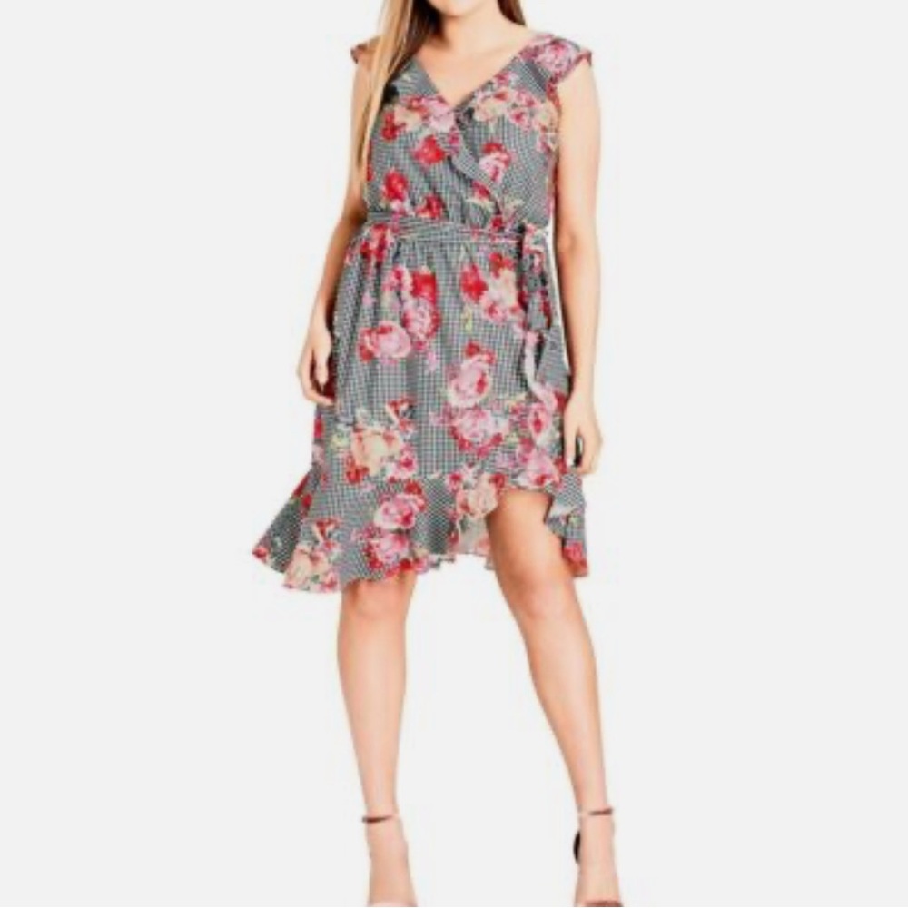 NWT 24/XXL City Chic Pink and Black Dress floral faux wrap